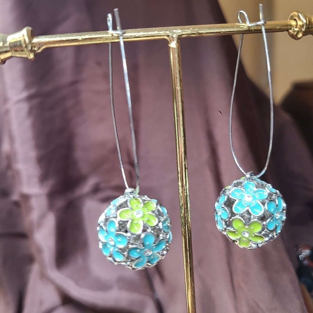 Floral Silvertone Hangar Earrings with Blue and Green Accents